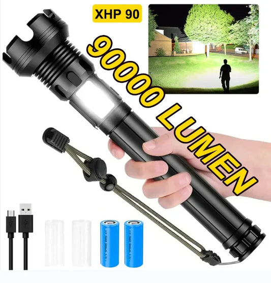 90000 Lumens LED Tactical Flashlight Rechargeable XHP90 USB Zoomable 7Modes Super Bright Floodlight Spotlight Torch Light