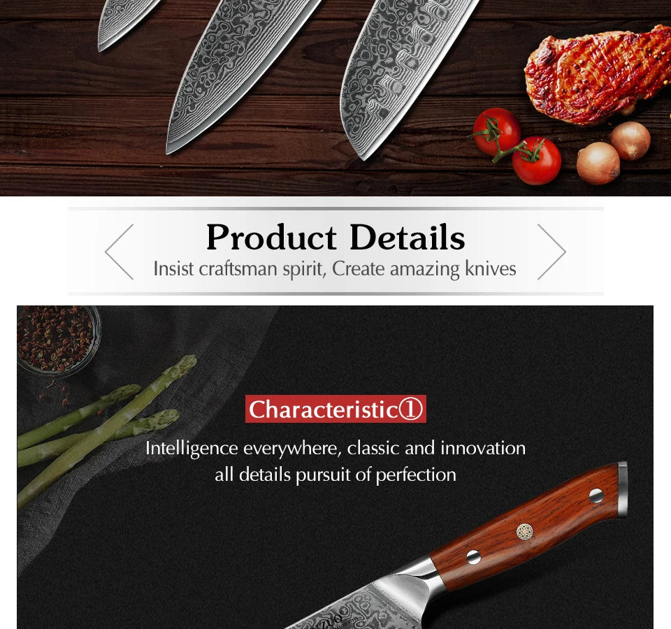 XINZUO 1PCS or 3PCS Kitchen Knife Sets Japanese Forged Damascus Steel Chef Santoku Knives Stainless Steel Rosewood Handle