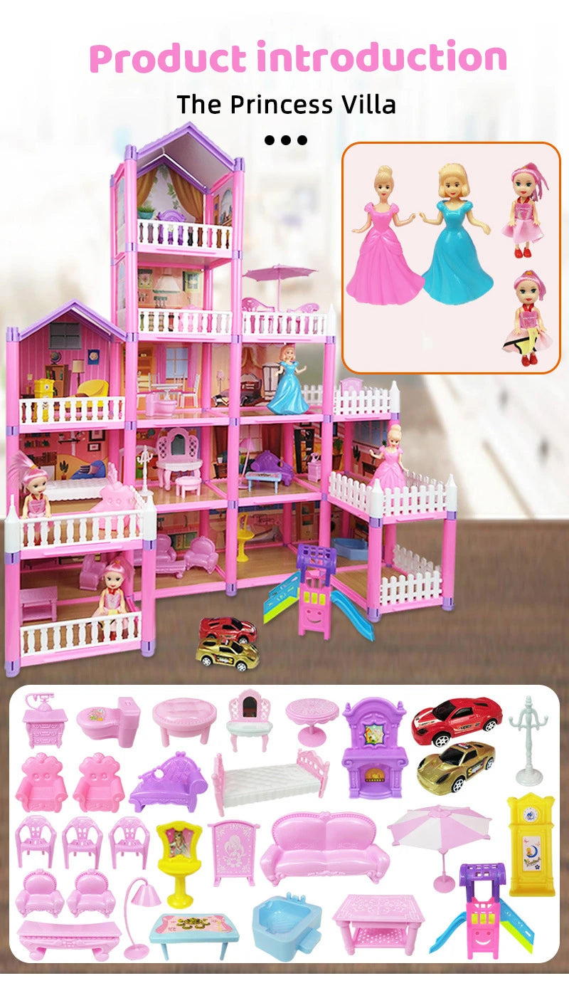 Princess Big Villa DIY Dollhouses Kit Pink Castle House Kit Assembled Doll House Toys Pretend Play Toys Christmas Birthday Gift