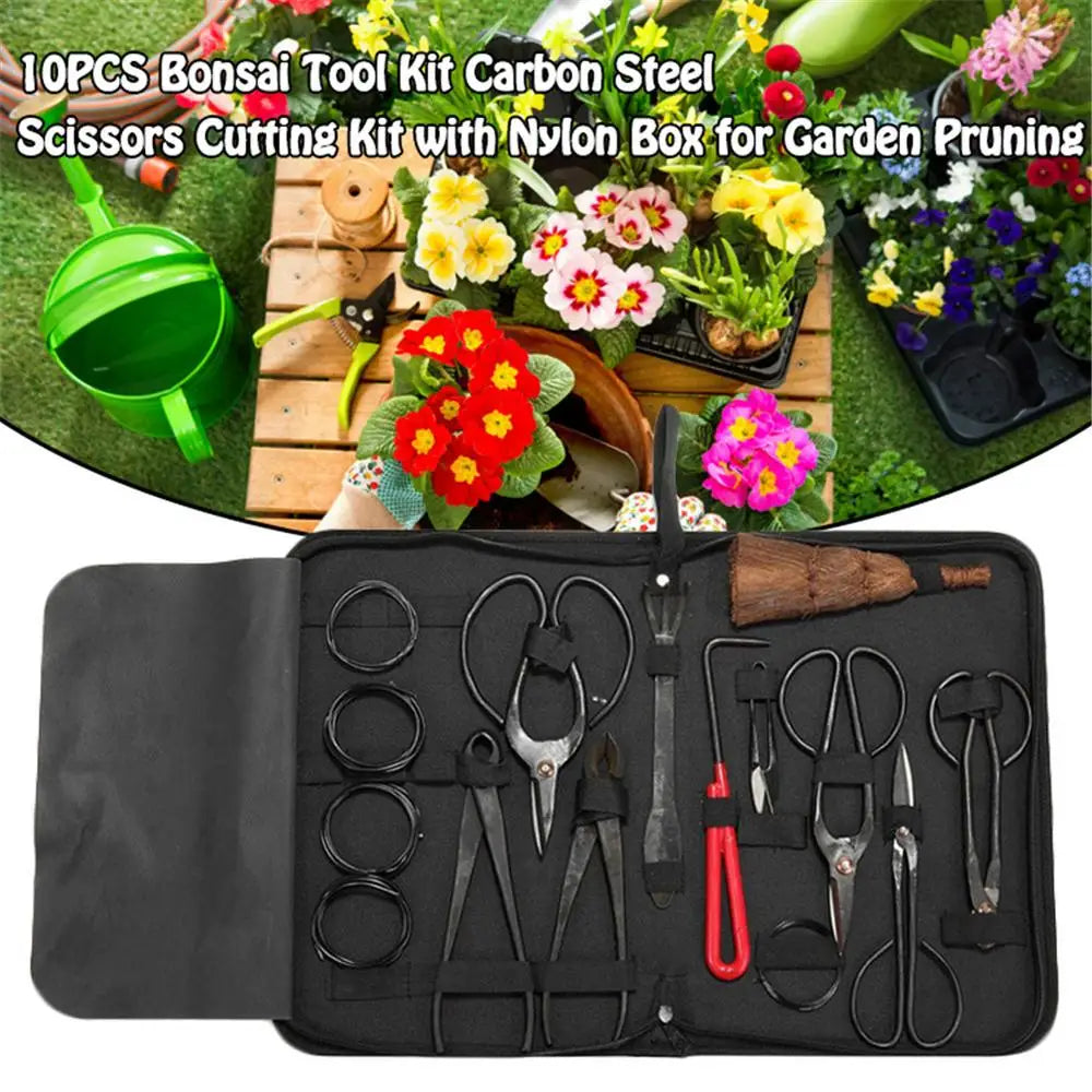 Bonsai Tool Set Carbon Steel Multifunctional Scissors Kit Garden Pruning Trim Tools Nylon Case Bonsai Styling Tools 10Pcs