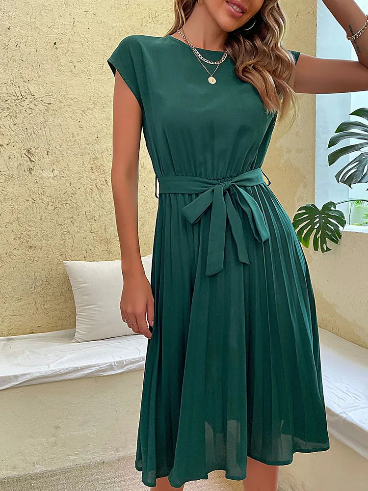 Elegant Women Summer Casual Beach Sundress Short Sleeve Pleated Midi Dress Soild Colour O Neck Tunic Dresses Fashion