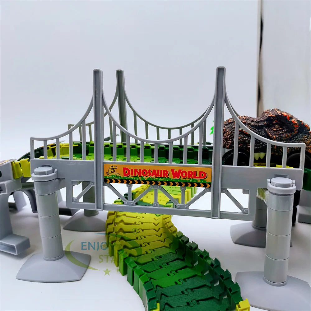 156pcs Dinosaur Railway Car Track Toy Set DIY Assemble Road Race Set with Flexible Track Dinosaur Toys Bridge Ramps Toys for Kid