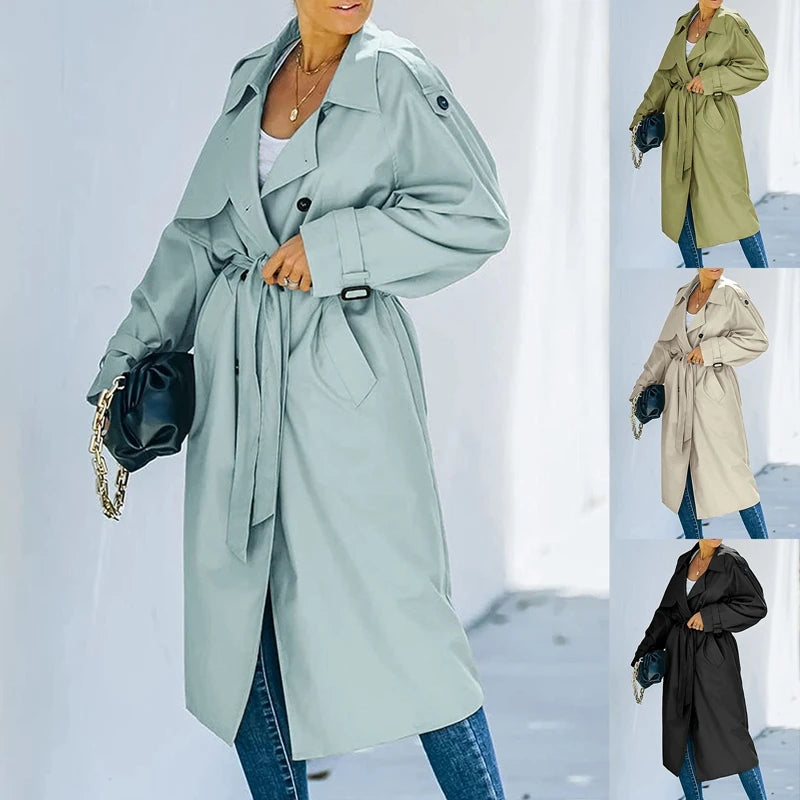 Women Vintage Long Trench Coat Classic Double-Breasted Lapel Long Sleeve Windproof Overcoat with Belt Elegant Jackets Streetwear