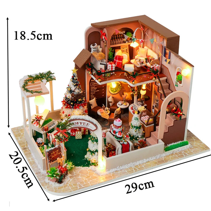 DIY Wooden Doll Houses Christmas Coffee Shop Casa Miniature Building Kit Villa Dollhouse with Furniture Led Light for Girls Gift