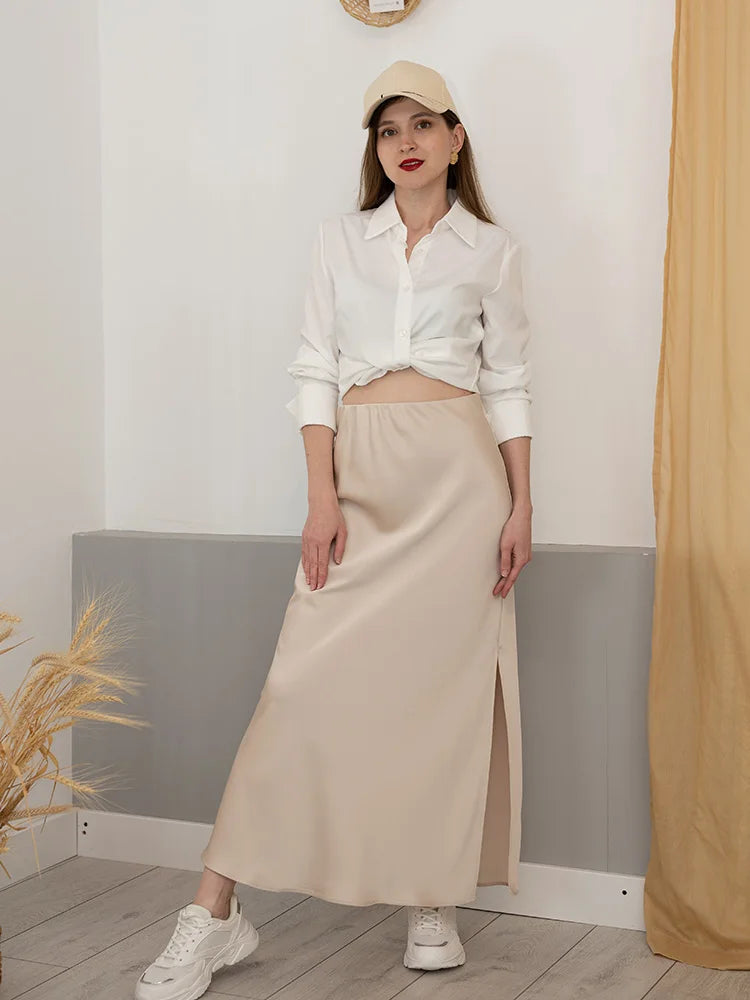 Women Summer Beige Long Skirts Trends 2024 High Waist Maxi Summer Skirt Rayon Silk Pencil Side Slit Satin Skirts For Women