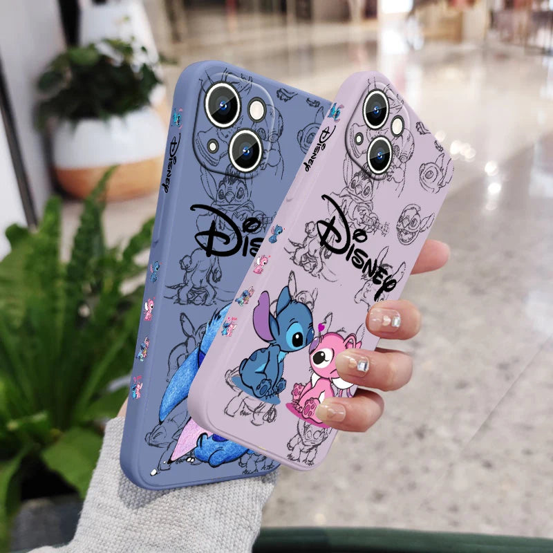 Disney Super Cute Stitch Phone Case For Apple iPhone 15 14 13 12 11 Pro Max Plus 8 7 SE Liquid Left Rope Soft Cover