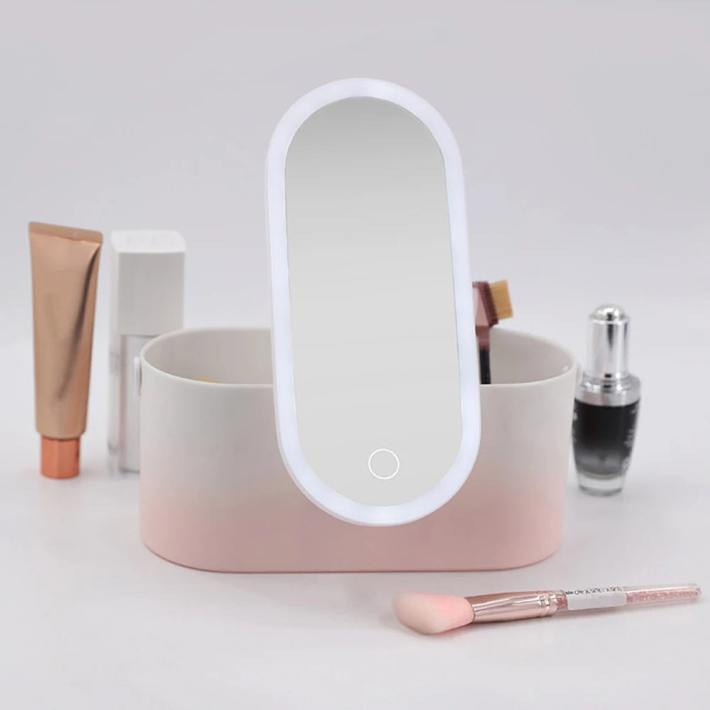 Lighted Makeup Vanity Mirror With Makeup Storage Case Rechargeable LED Light Desktop Makeup Mirror Portable Makeup Beauty Box