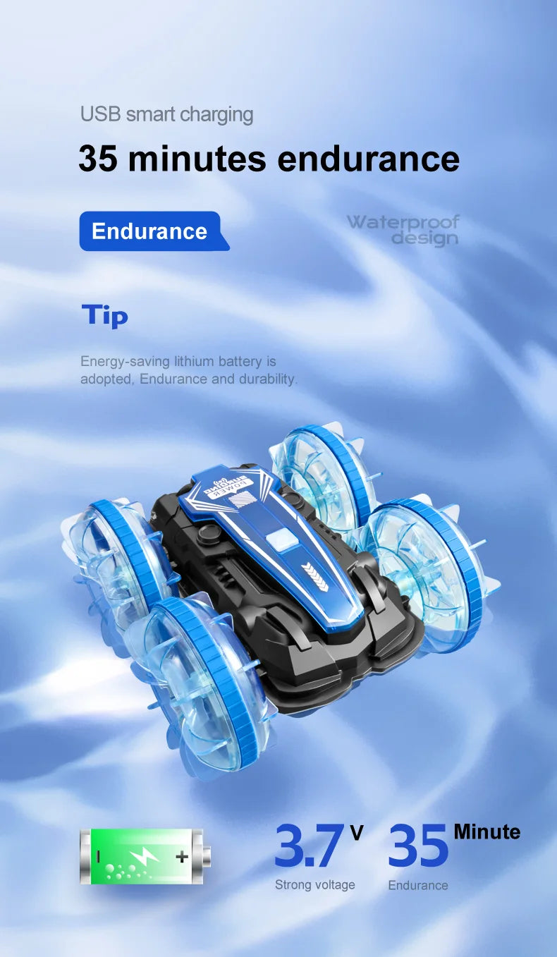 New LED Amphibious RC car Dual remote control waterproof stunt car double side flip drift drive 360 ° rotation rc cars Kids toy