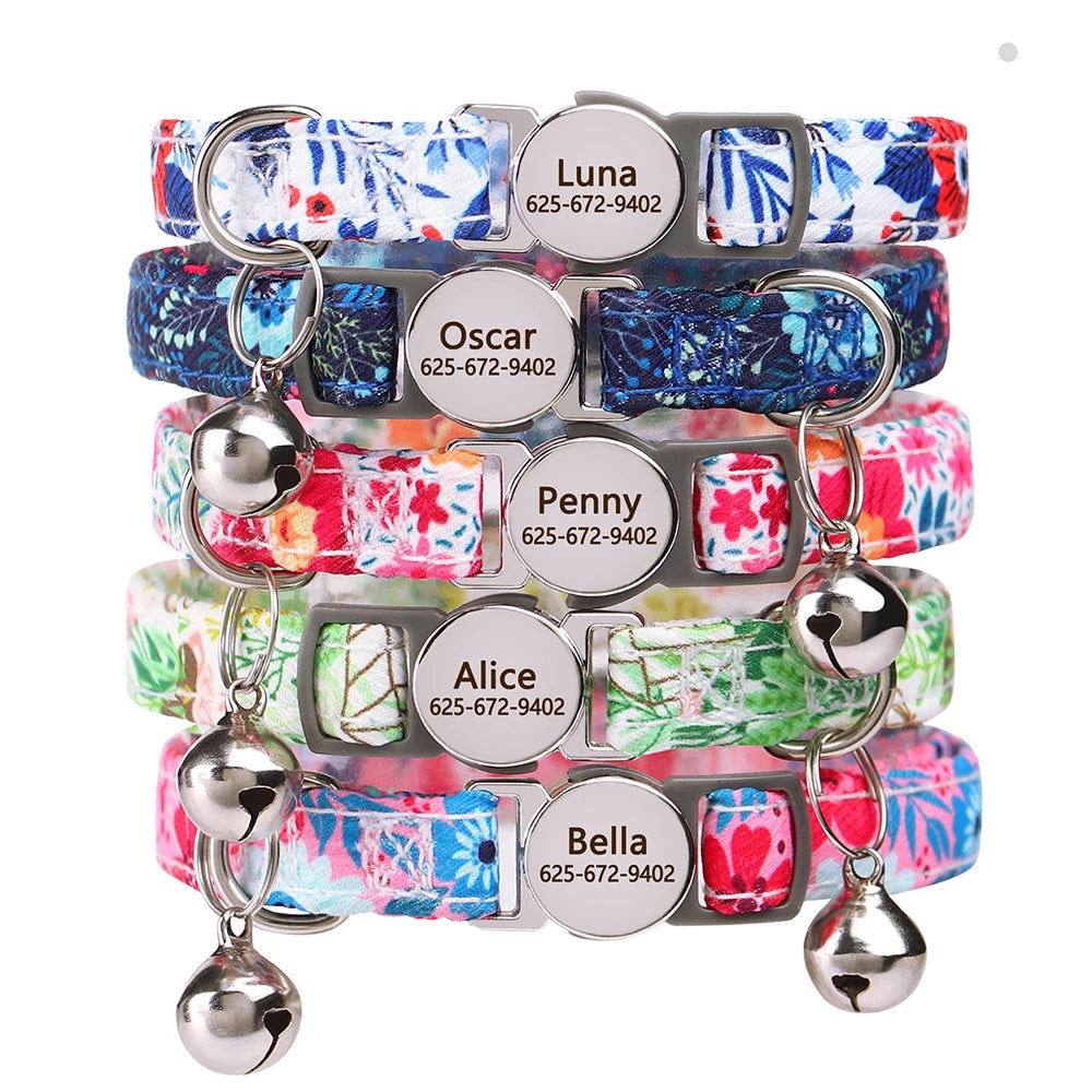 Personalized Cat Collar Quick Release Kitten Cats Collars Cute Print Nylon Pet Necklace With Bell Adjustable for Cats Puppy Pink