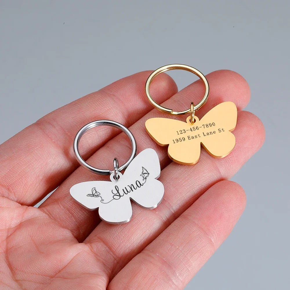 Customizable Butterfly Dog ID Tags Pet Dog Cat Name Medal Collar Engraving Name Personalized Number Kitten Puppy Tag Pendant