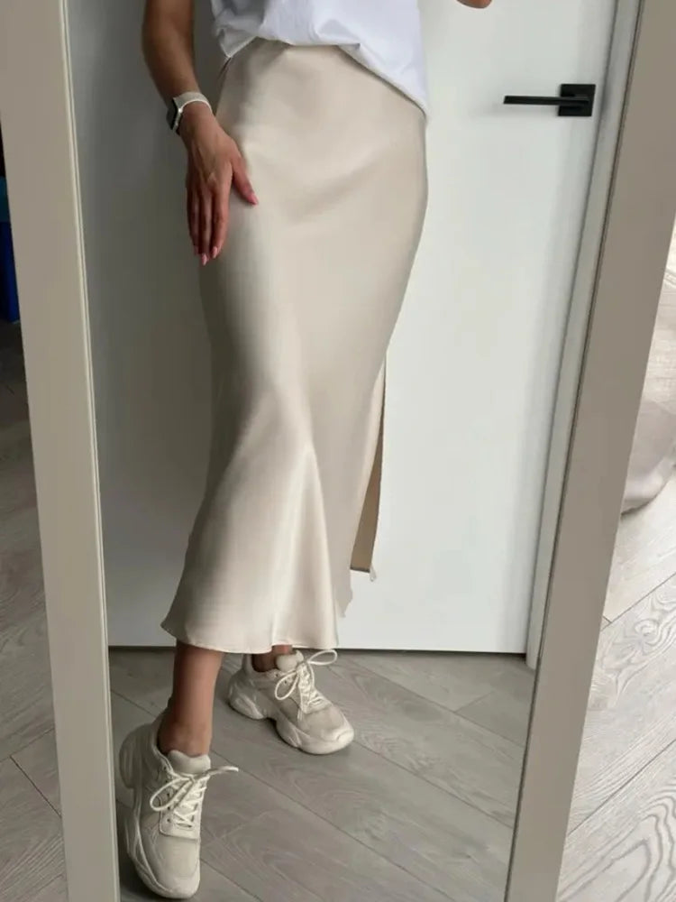 Women Summer Beige Long Skirts Trends 2024 High Waist Maxi Summer Skirt Rayon Silk Pencil Side Slit Satin Skirts For Women