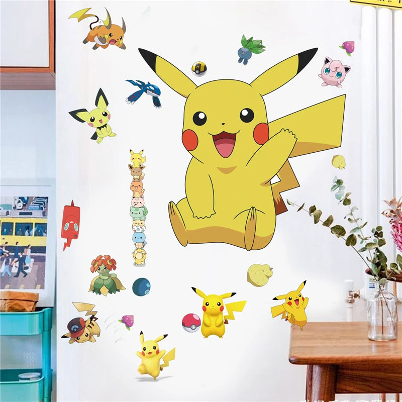 Cartoon Pikachu Wall Stickers For Kid's Rooms Kindergarten Living Room Bedroom PVC Wall Decoration Animated Poster Bedroom Decor