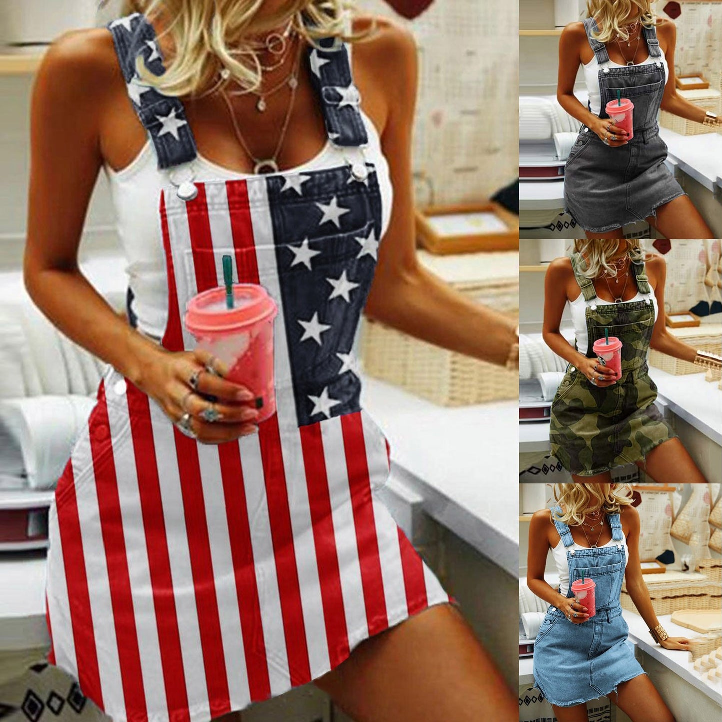 Women Winter Clothes Fashion Men's Women's American Flag Denim Bib Overall Shorts Sundress Casual Beach Cotton House Dresses