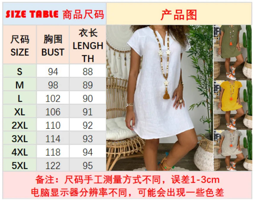 Plus Size 4XL 5XL Women Short Sleeve Dress Casual Loose V Neck Cotton Linen Mini Dress 2024 Summer Beach Sundress Female Dress