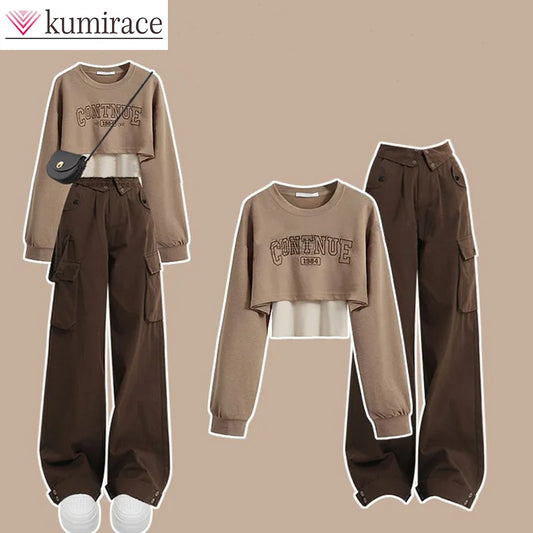 Autumn Wear Women's Set 2024 New Korean Edition Round Neck Top with Hanging Strap Work Pants Three Piece Set Clothes for Women