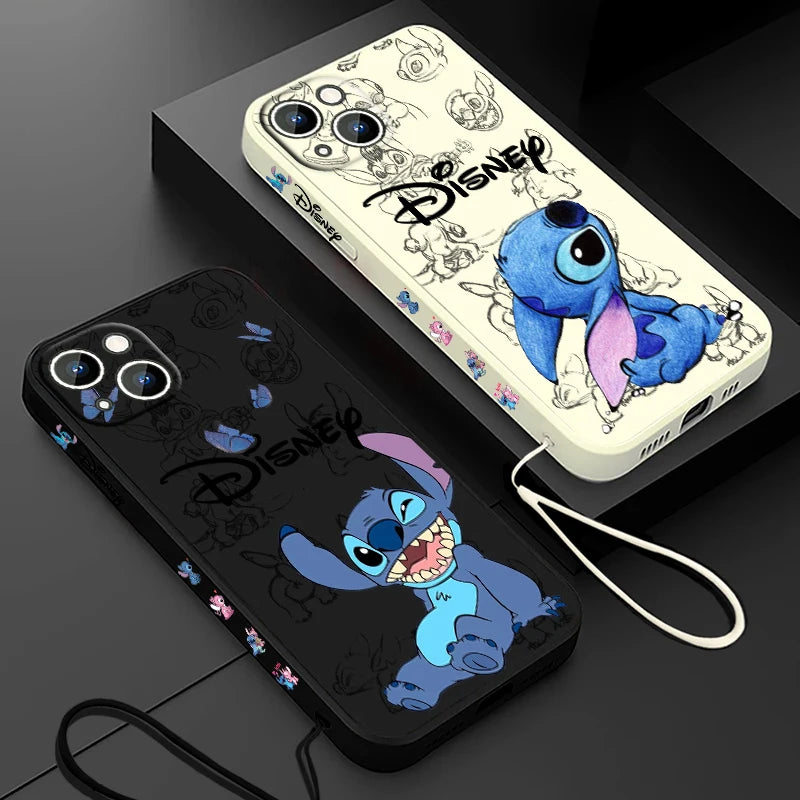 Disney Super Cute Stitch Phone Case For Apple iPhone 15 14 13 12 11 Pro Max Plus 8 7 SE Liquid Left Rope Soft Cover