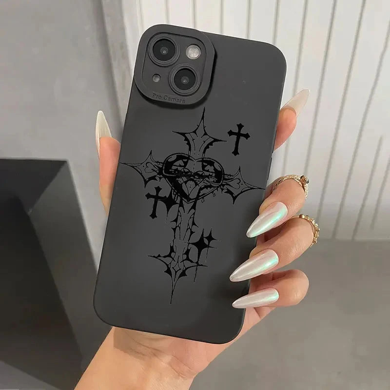 Phone Case For iPhone 16 15 14 11 12 13 Pro Max Mini 7 8 Plus X XR XS Max SE 2020 2022 Black Cross Print Shockproof Soft Cover