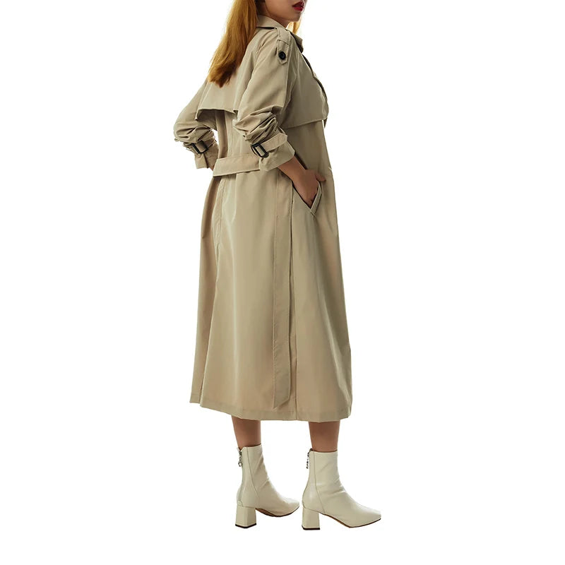 Women Vintage Long Trench Coat Classic Double-Breasted Lapel Long Sleeve Windproof Overcoat with Belt Elegant Jackets Streetwear