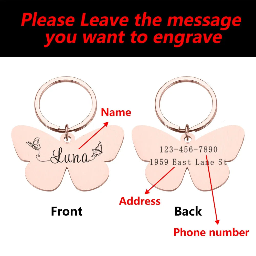 Customizable Butterfly Dog ID Tags Pet Dog Cat Name Medal Collar Engraving Name Personalized Number Kitten Puppy Tag Pendant