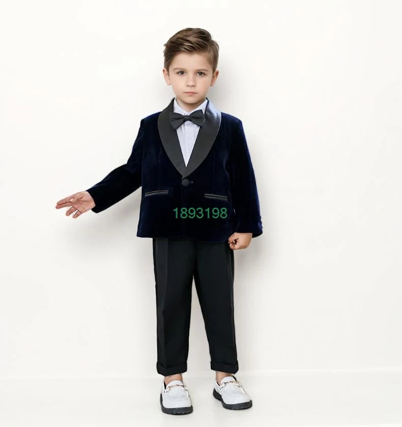 Boys Formal Velvet Suit Set Child Birthday Dress Wedding Party Photography Piano Recital Costume Kids Blazer Pants Bowtie Outfit