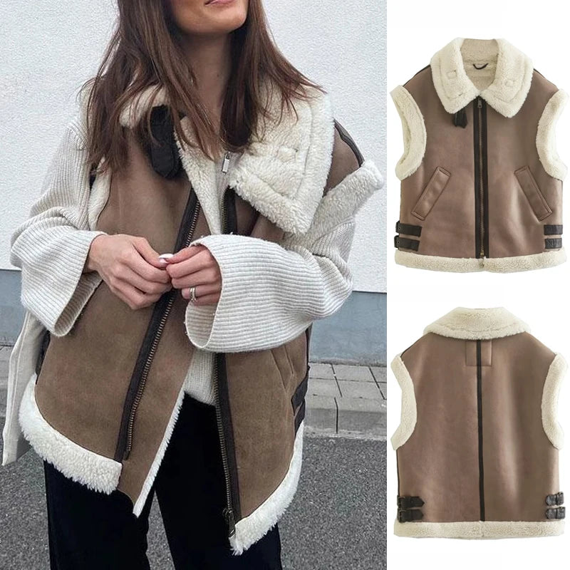 Women Fashion Patchwork Sleeveless Vest Waistcoat Loose Thicken Lapel Suede Fur Jacket Coat 2022 Autumn Winter Chic Tops Outwear