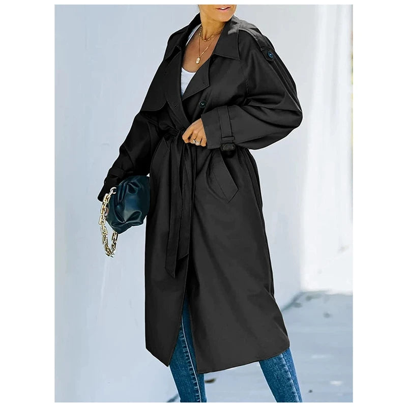 Women Vintage Long Trench Coat Classic Double-Breasted Lapel Long Sleeve Windproof Overcoat with Belt Elegant Jackets Streetwear