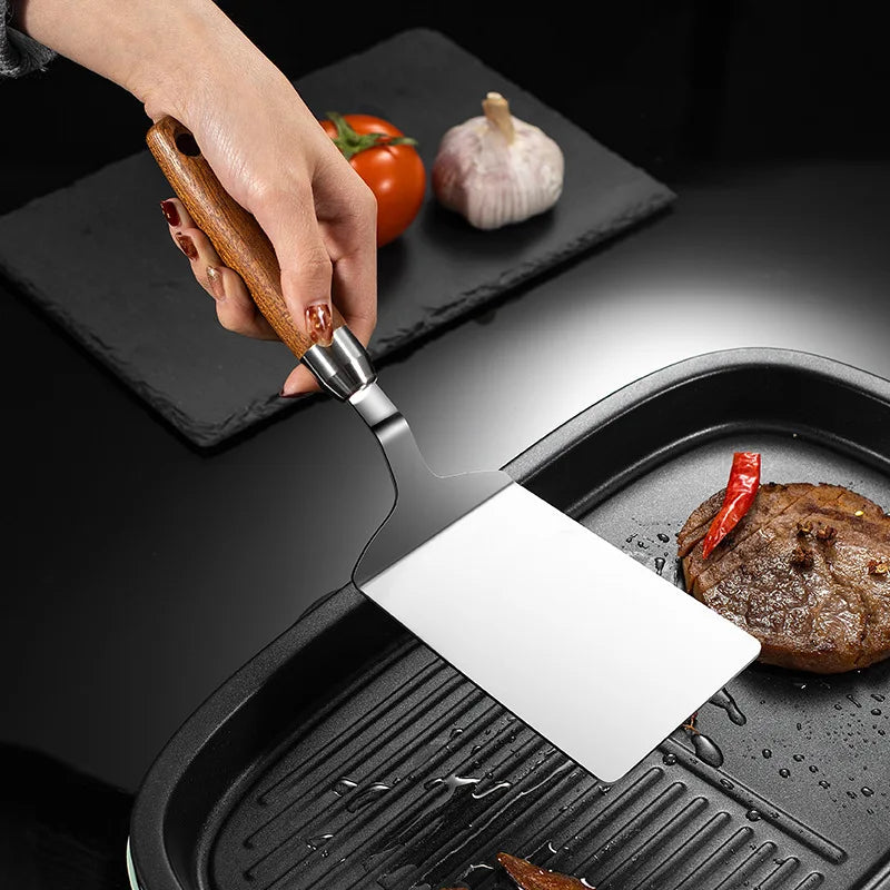 Stainless Steel Square Head Steak Cooking Spatula Wood Handle  Pizza Shovel Pancake Beef Turner Scraper BBQ Utensils For Kitchen