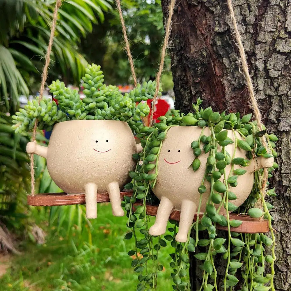 Swing Flower Pot Resin Smiling Face Planter Pot Creative Wall Hanging Planter For Indoor Outdoor Plants Gardening Accessories