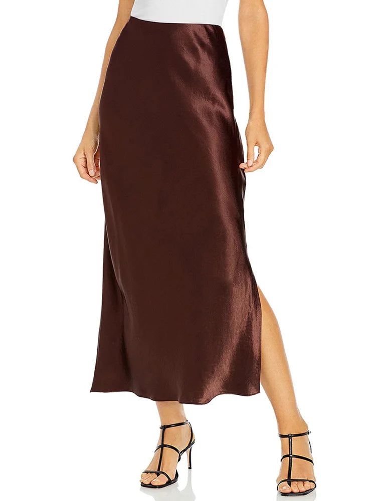 Women Summer Beige Long Skirts Trends 2024 High Waist Maxi Summer Skirt Rayon Silk Pencil Side Slit Satin Skirts For Women