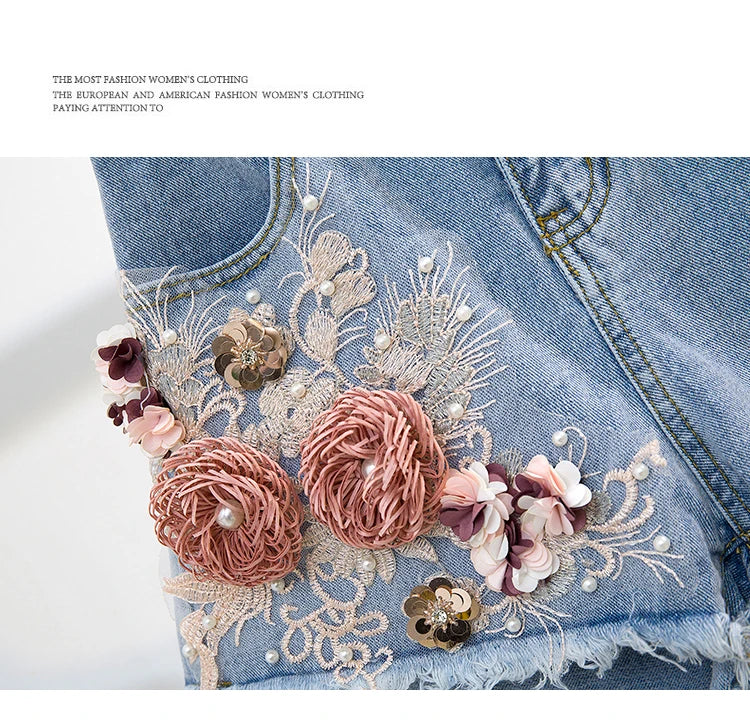 Fashion Cotton T-Shirt Tops + Short Jeans 2 Pieces Sets 2024 New Summer Women's Denim Pants Outfits 3D Flowers Beading Suits