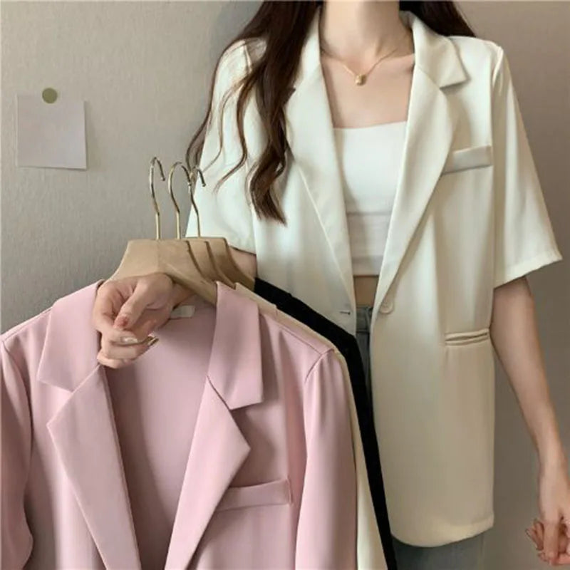 Thin Suit Jacket Women 2024 Summer Casual All Match Single Button Coat Woman Korean Style Loose Balck White Short Sleeve Jackets