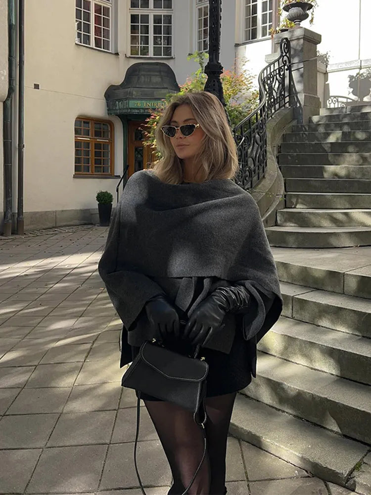 Elegant Solid Scarf Collar Irregular Split Hem Woolen Jacket Women Chic Long Sleeves Loose Warm Coat 2024 Autumn Lady Overcoat