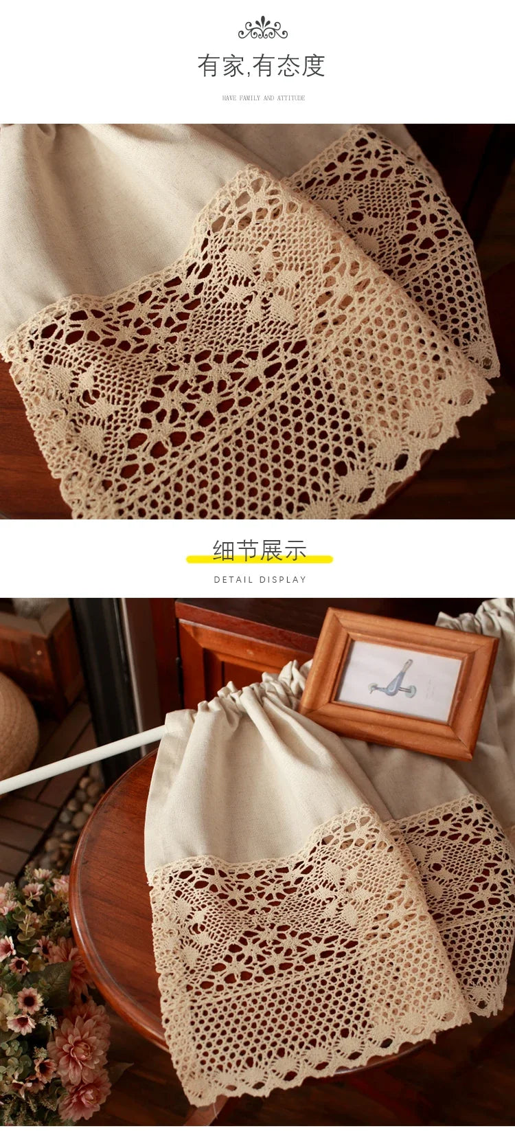 Handmade Cotton Linen Kitchen Short Curtains Crochet Lace Hollow Tassel Beige Valance Curtains Cafe Kitchen Door Window Drapes