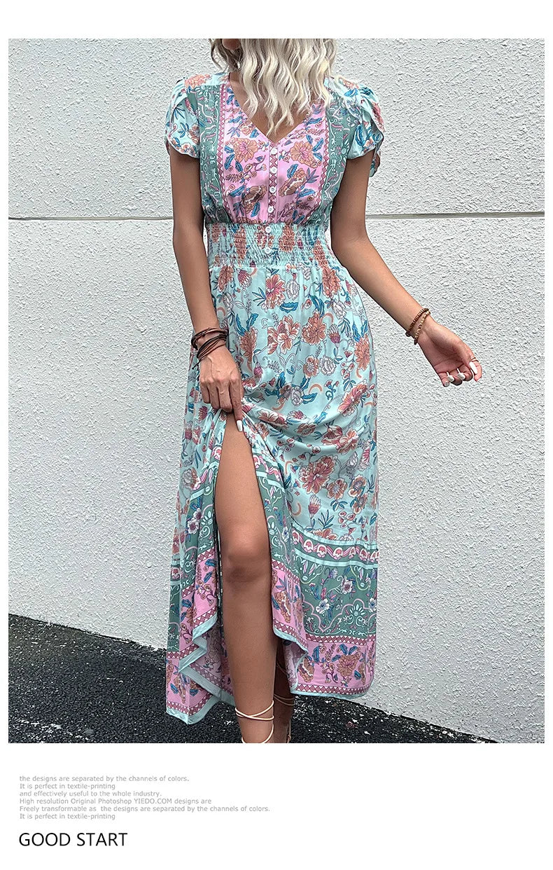 Vintage Floral Boho Printed Vestidos Women Short Sleeves V Neck Slit Midi Dresses A Line Bohemian Summer Beach Dress