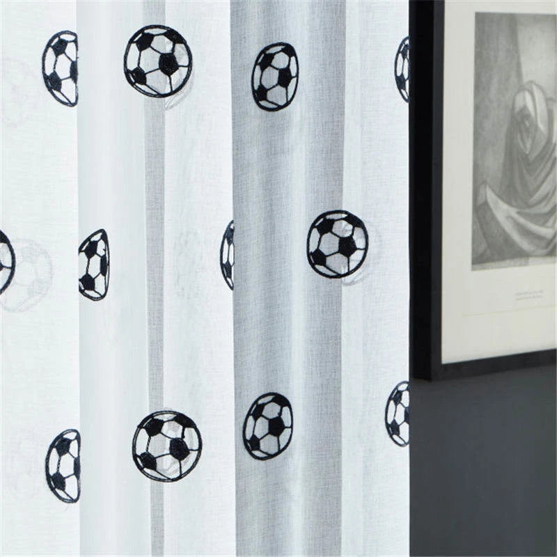 Cartoon Black Football Embroidery Sheer Curtains for Bedroom Boys Girl Children Nursery Faux Linen Voile Short Window Drapes