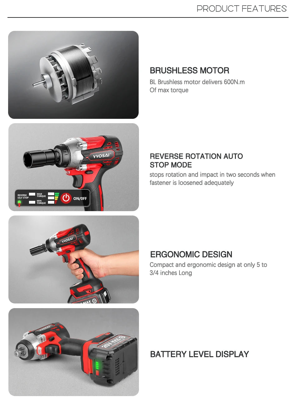 VVOSAI MT-Series 340N.m Electric Impact Wrench 20V Brushless Wrench Socket Li-ion Battery Hand Drill Installation Power Tools