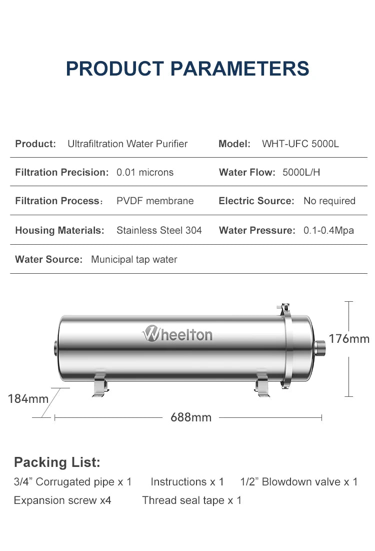 Wheelton 5000L/H Ultrafiltration 0.01μm Filter System Large Water Output For Bacterial Reduction Purifier Water