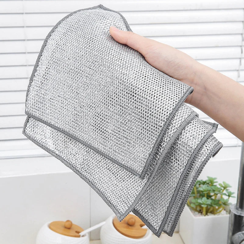 3/5PCS Steel Wire Dishcloths Oil Iron Dish Rack Kitchen Pan Pot Dishes Cleaning Rag Double -layer Napery Dishcloth Rags