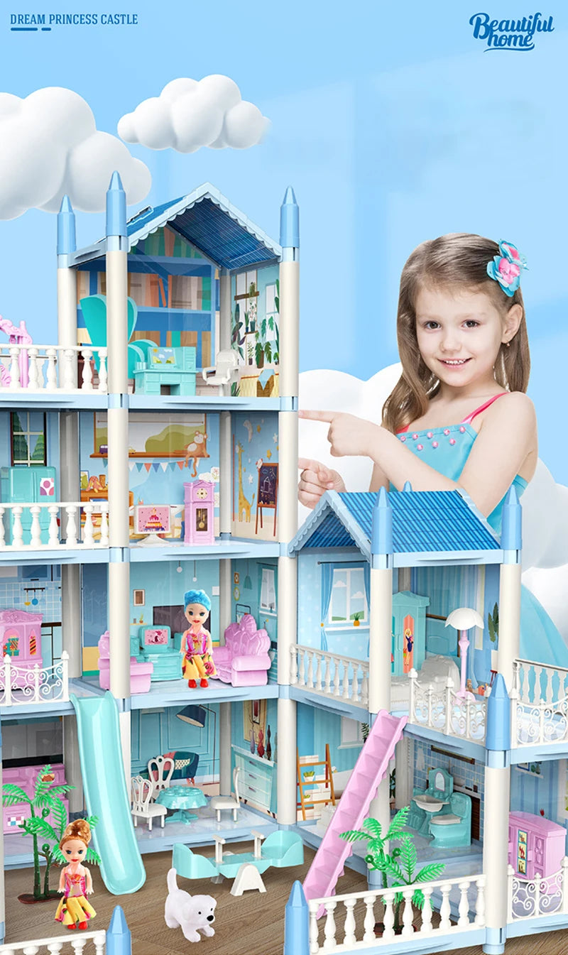 New Diy House Kit Big Dollhouse For Children Bb House Building Doll Furniture Miniature Doll Villas Girls Xmas Gifts Kids Toys