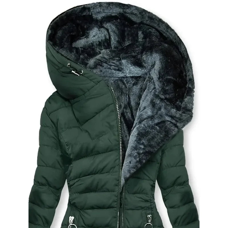 Zipper Slim-Fitting Parkas Cotton-Padded Jacket Trend Winter Warm Fur Collar Parkas Clothes Women's Long-Sleeve Hooded Coats