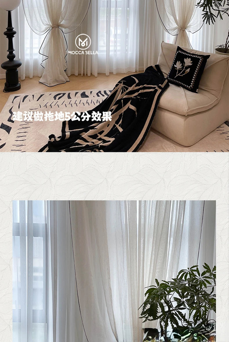 Retro Cream Linen White Tulle Sheer Curtains for Living Room Luxury Bedroom Dining Balcony Black Edge Blackout Gauze Window Door