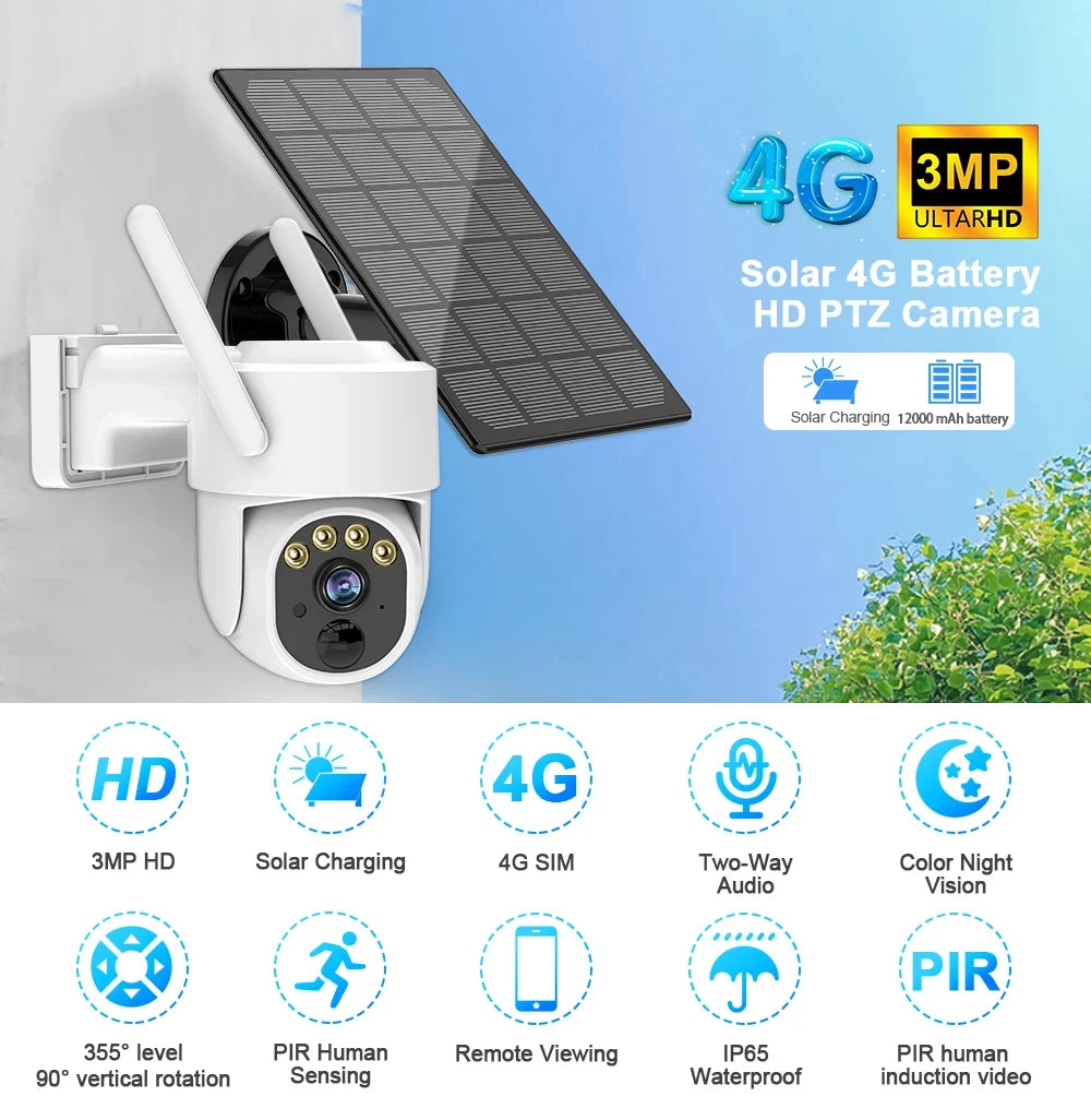 4G Ptz Camera 3MP Battery Camera with 5W Solar Panels 18000mAh Battery 4G SIM Card Surveillance Cctv Outdoor Security Protection