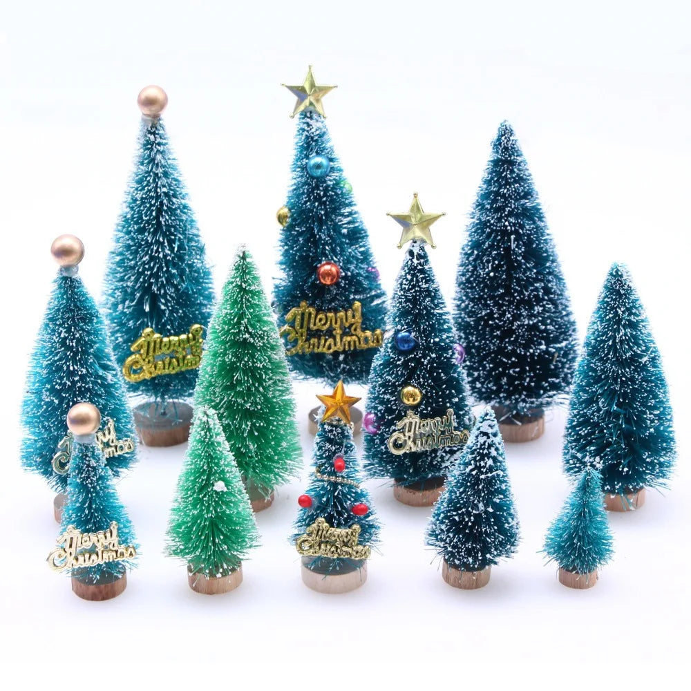 5Pcs 4.5cm to 13.5cm Mini Artificial Christmas Tree Sisal Silk Cedar Sisal Snow Trees Wooden Base Party Home Table Top Craft Dec