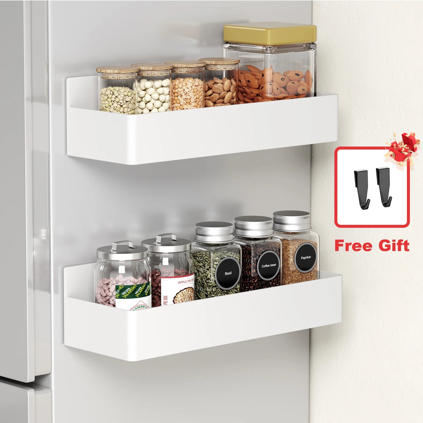 2PCS White Plastic Magnetic Kitchen Shelves Refrigerator Side Organizer Spice Seasoning Rack Household Multi-function Accessory