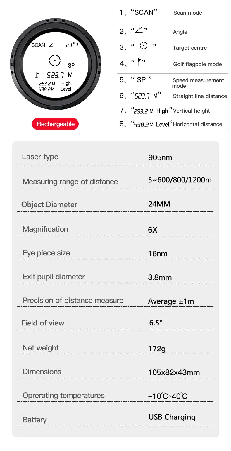 Golf Laser Rangefinder 1200/800/600m Type-C x6 M/Yd Magnet Vibration Long Distance Meter Telemeter Range Finder for Hunting Camp