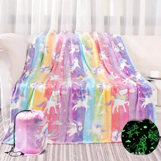 Rainbow Unicorn Blanket Kids Soft Flannel Blanket Cozy Glow-in-the-Dark for Sofa Bed Car Boys and Girls Birthday Gift