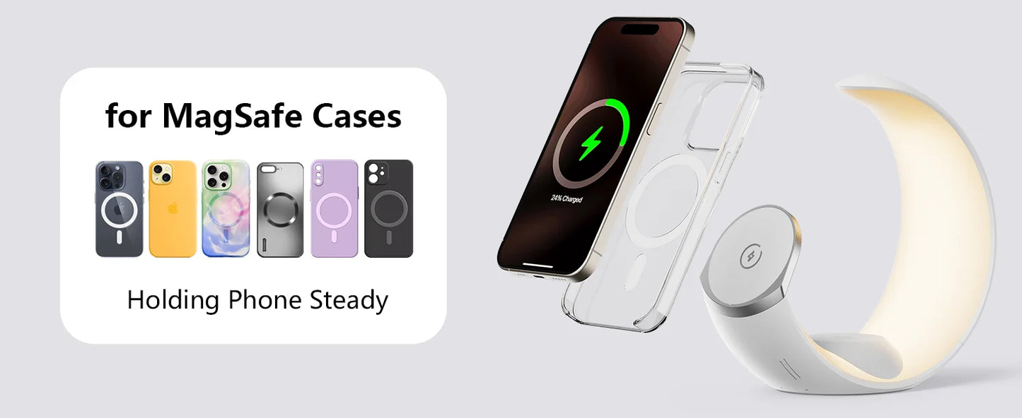 Wireless Charger MagSafe Air Pods Apple Watch Phone Holder RGB Moon For iPhone Samsung iWatch Night Light Bedroom Home Office