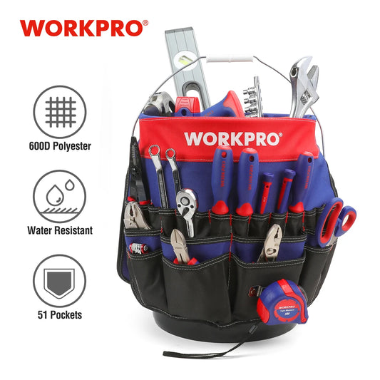 WORKPRO Bucket Tool Organizer 13 to 19L Bucket Boss Portable Foldable Toolbox with 51 Storage Pockets Fits Tools Collection Bag