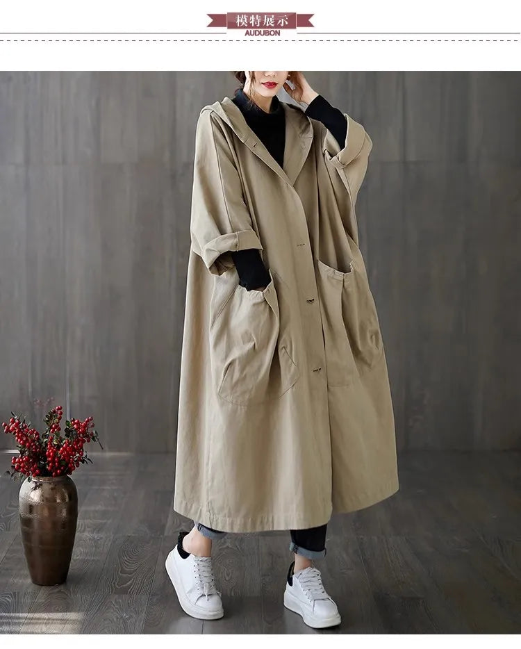 New 2024 Ladies Hooded Trench Coats Solid Loose Single-breasted Long Jacket for Daily Wear Women Windbreaker Casual Outerwear