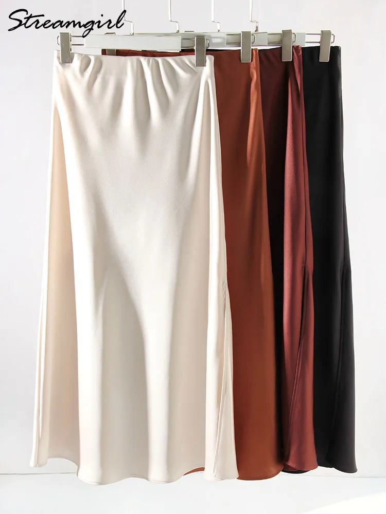 Women Summer Beige Long Skirts Trends 2024 High Waist Maxi Summer Skirt Rayon Silk Pencil Side Slit Satin Skirts For Women